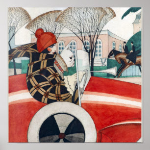 Meisje en pug in een auto poster