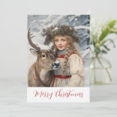  meisje en rendier kerst Kaart (Staand voorkant)