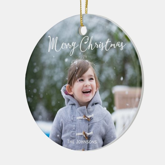 Meisje en sneeuw foto vrolijk kerstboom ornament (Links)