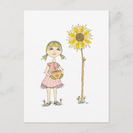Meisje en zonnebloem ansichtkaart briefkaart