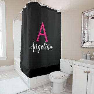 Meisje en zwart, wit, warm roze monogram naam douchegordijn