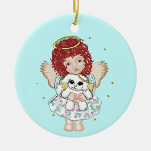 Meisje engel houdend hond keramisch ornament