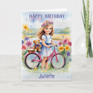 Meisje Fiets Bloemen Teddy Mooie Verjaardag Kaart
