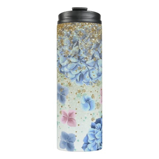 *~* Meisje Floral Blue Pink Hydrangea Glitter Thermosbeker (Voorkant)