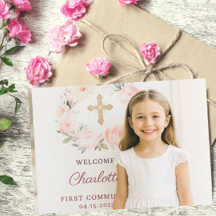 Meisje foto roze strik kruis Eerste Communie Bedankkaart