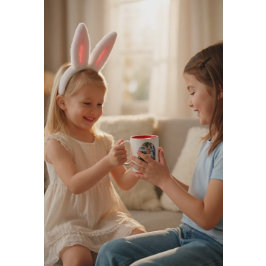 Meisje fotojacht eieren met konijnenoren tweekleurige koffiemok
