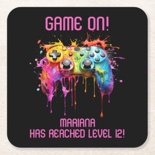 Meisje Gamer Roze Video Game Party Vierkante Kartonnen Onderzetter