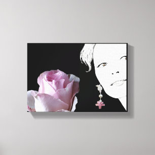 Meisje gezicht  roze roos bloemenkunst mode canvas afdruk