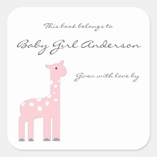 Meisje Giraffe Baby shower Bookplate Vierkante Sticker (Voorkant)