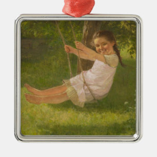 Meisje glimlachen op een zwaai ( kindertijd) metalen ornament