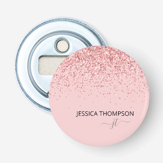 Meisje Glitter Blush Pink Simple Monogram Naam  Button Flesopener (Voorkant)