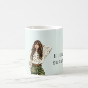 Meisje Groene Jeans Bruin Haar Ponyhaar Koffiemok