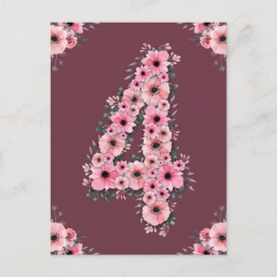 Meisje Grote 4e Verjaardag Roze Bloemen Groen Loof Briefkaart