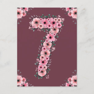 Meisje Grote 7e Verjaardag Roze Bloemen Groen Loof Briefkaart