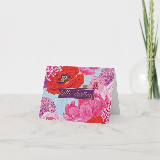 Meisje Hallo Darling Floral Note Card Kaart (Voorkant)