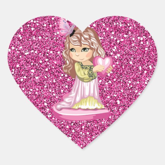 Meisje Holding Hart Roze Faux Glitter Hart Sticker (Voorkant)