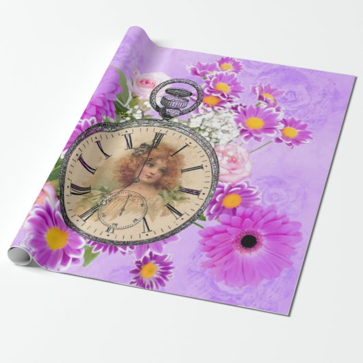  meisje Horloge Paarse draal giftwrap Cadeaupapier (Uitgerold)