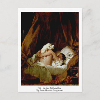 Meisje in bed met een hond van Jean-Honore Fragona Briefkaart