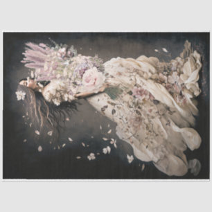 Meisje in Bloom, vogel en bloemenportret Kunst Tissuepapier