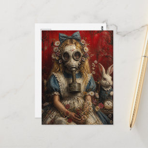 Meisje in een gasmasker met witte konijn briefkaart