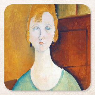 Meisje in een groene blouse, Modigliani Vierkante Kartonnen Onderzetter