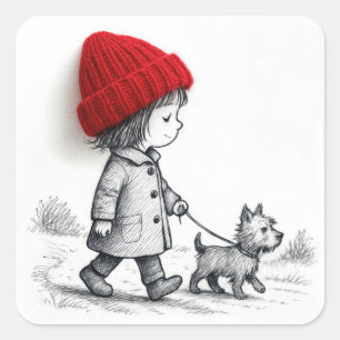 Meisje in een rode muts loopt met haar hond vierkante sticker