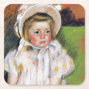 Meisje in een witte Bonnet, Mary Cassatt Vierkante Kartonnen Onderzetter
