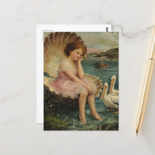 Meisje in een zeeschelp en pelikanen briefkaart