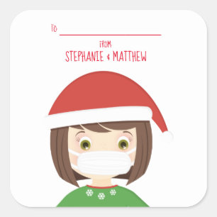 Meisje in Face Mask Kerstmis 2020 Vierkante Sticker