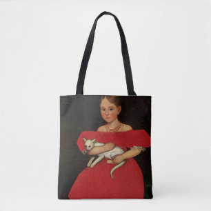 Meisje in het rood met haar kat en hond draagtas