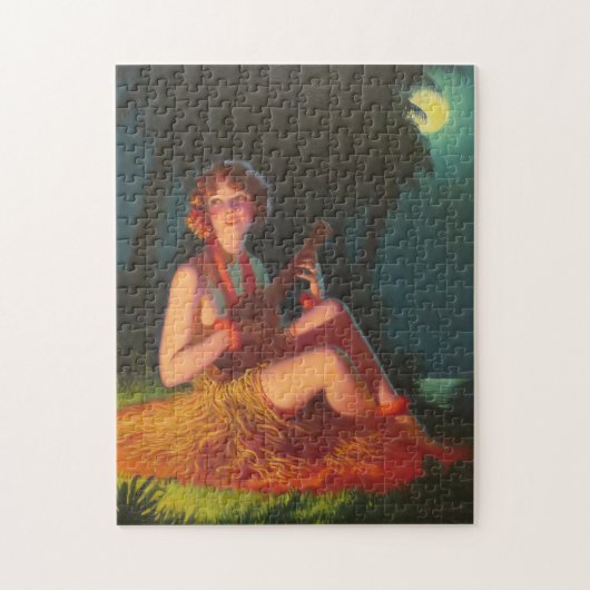 Meisje in Moonlight met Banjo Ukulele Legpuzzel (Verticaal)