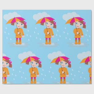 Meisje in oranje regenjas met roze paraplu cadeaupapier