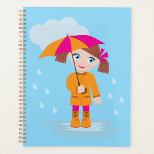 Meisje in oranje regenjas met roze paraplu planner