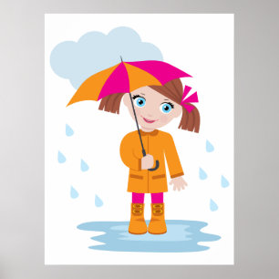 Meisje in oranje regenjas met roze paraplu poster