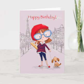 Meisje in Parijs met kleine hond, Happy Birthday Kaart