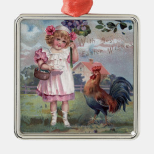 Meisje in Pink Holding Purple Flowers Metalen Ornament
