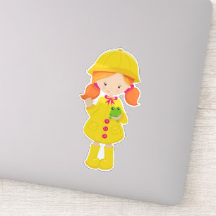 Meisje in regenjas, laarzen, Oranje haar, kikker Sticker