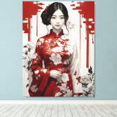 Meisje in rood en zilver canvas afdruk (Insitu (Houten vloer))