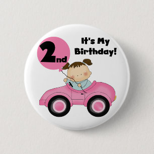 Meisje in Roze Auto 2e Verjaardag Tshirts en gesch Ronde Button 5,7 Cm