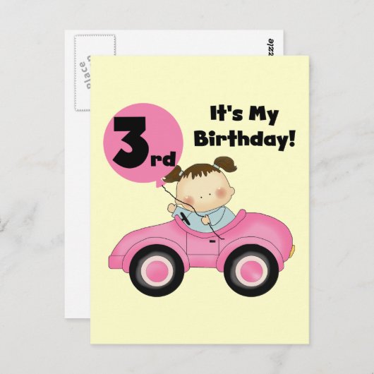 Meisje in Roze Auto 3e Verjaardag Tshirts en gesch Briefkaart (Voorkant / Achterkant)