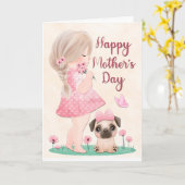 Meisje in roze jurk en puppy voor Moederdag Kaart (Gele Bloem)