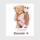 Meisje in roze met teddybeer aangepaste naam gesne sticker (Vel)
