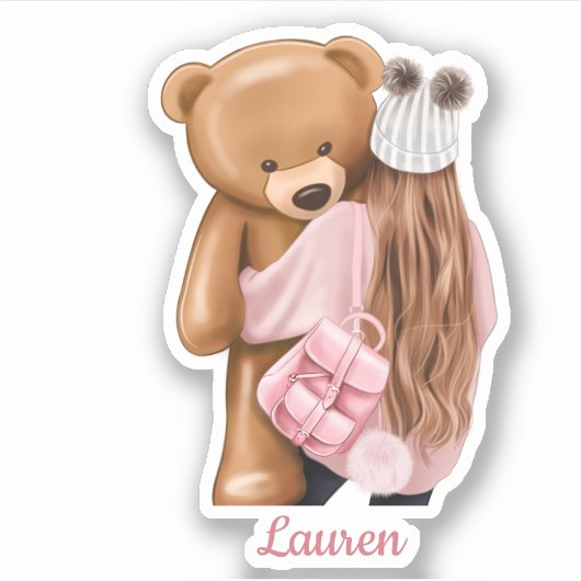 Meisje in roze met teddybeer aangepaste naam gesne sticker (Voorkant)