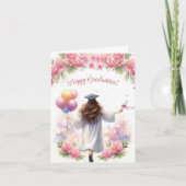 Meisje in witte Afstuderen jurk met ballonnen Kaart (Voorkant)