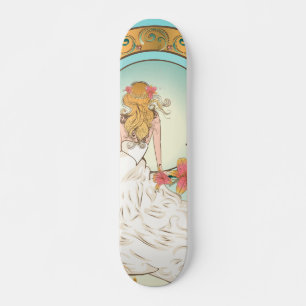 Meisje in witte jurk met roze lelie bloemen skateboard