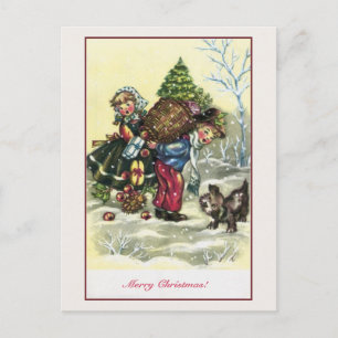  meisje, jongen kerstboom feestdagenkaart