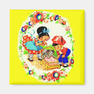 meisje, jongen, kitten en puppy magneet