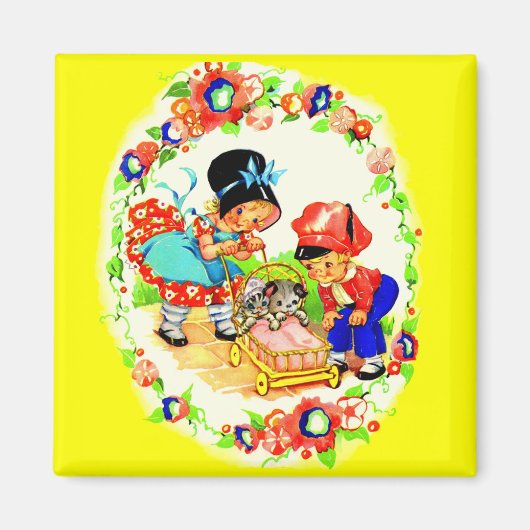 meisje, jongen, kitten en puppy magneet (Voorkant)