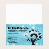 Meisje jongleren schoonmaakbenodigdheden visitekaartjes (Buitenkant ongevouwen)