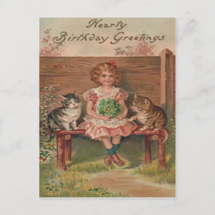 Meisje Kat Kittens Bloemen Verjaardag Briefkaart